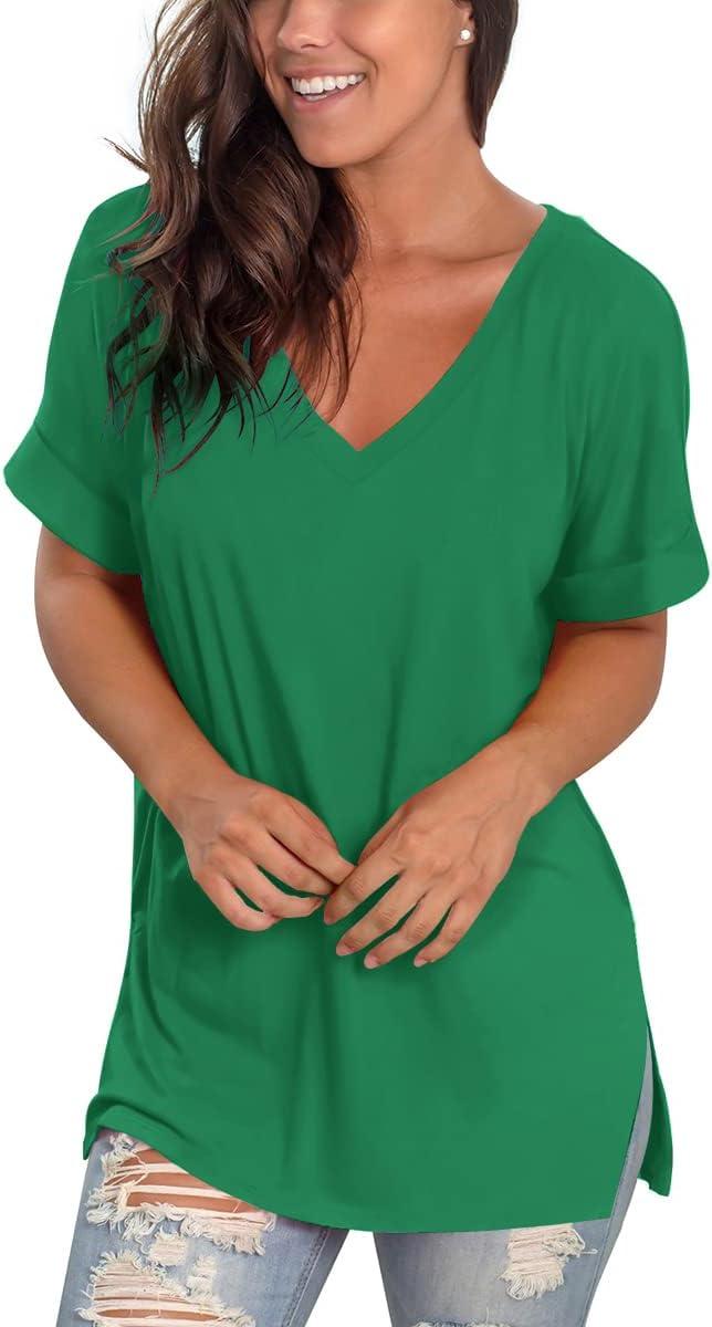 imageSAMPEEL Womens V Neck T Shirts Casual Rolled Short Sleeve Side Split Summer Tops Loose FitForest Green