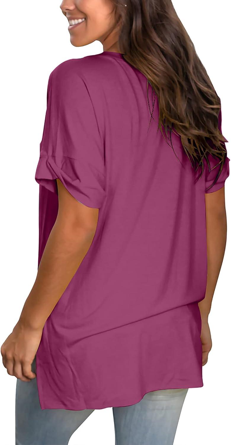 imageSAMPEEL Womens V Neck T Shirts Casual Rolled Short Sleeve Side Split Summer Tops Loose FitFuchsia