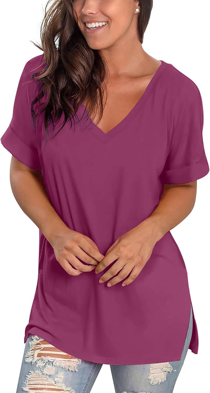 imageSAMPEEL Womens V Neck T Shirts Casual Rolled Short Sleeve Side Split Summer Tops Loose FitFuchsia