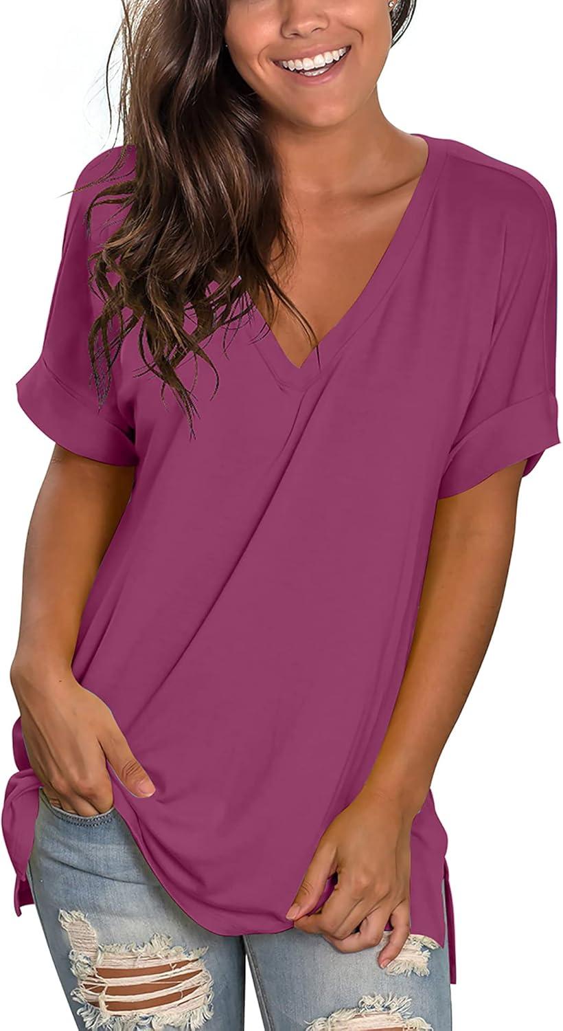 imageSAMPEEL Womens V Neck T Shirts Casual Rolled Short Sleeve Side Split Summer Tops Loose FitFuchsia