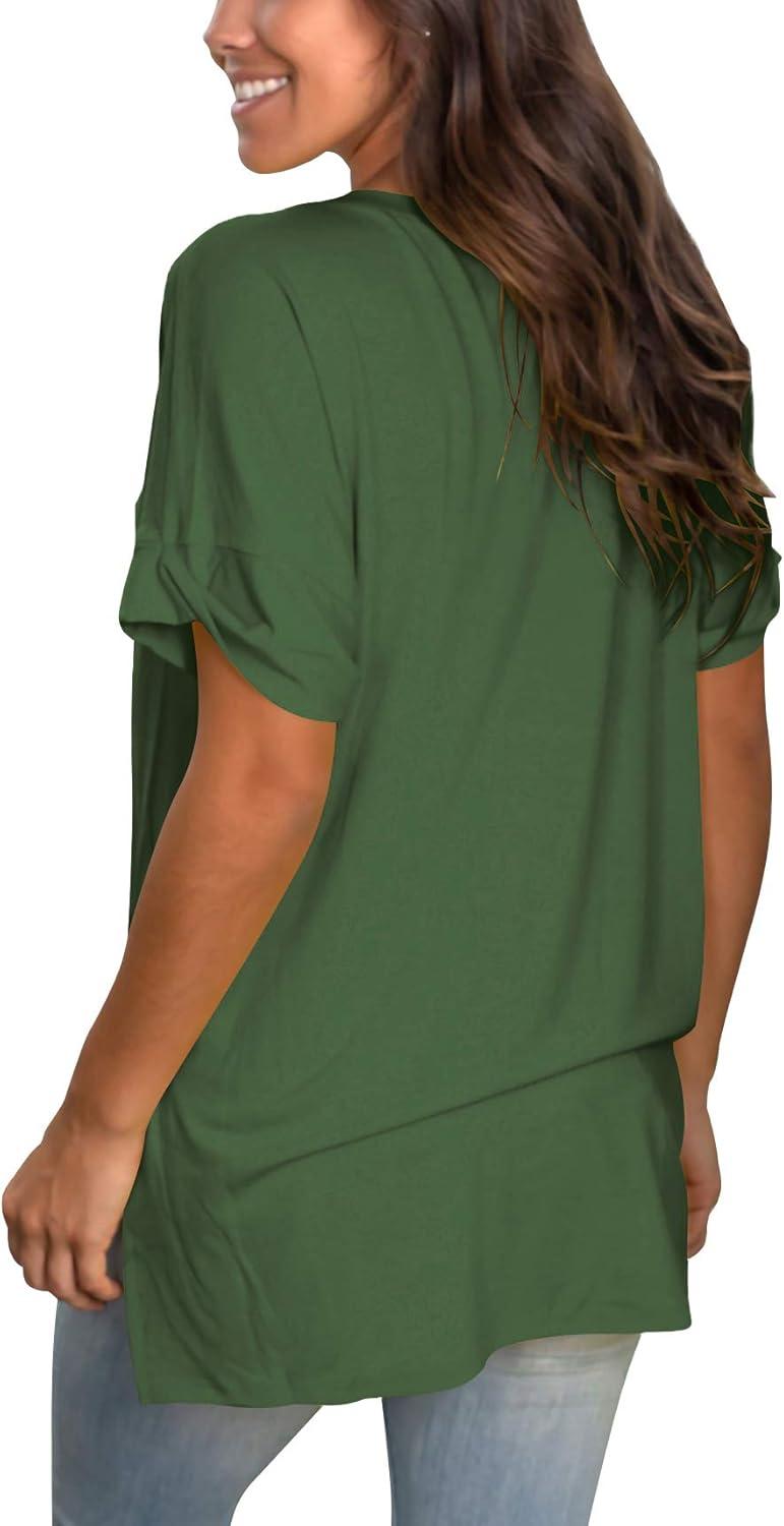 imageSAMPEEL Womens V Neck T Shirts Casual Rolled Short Sleeve Side Split Summer Tops Loose FitGreen