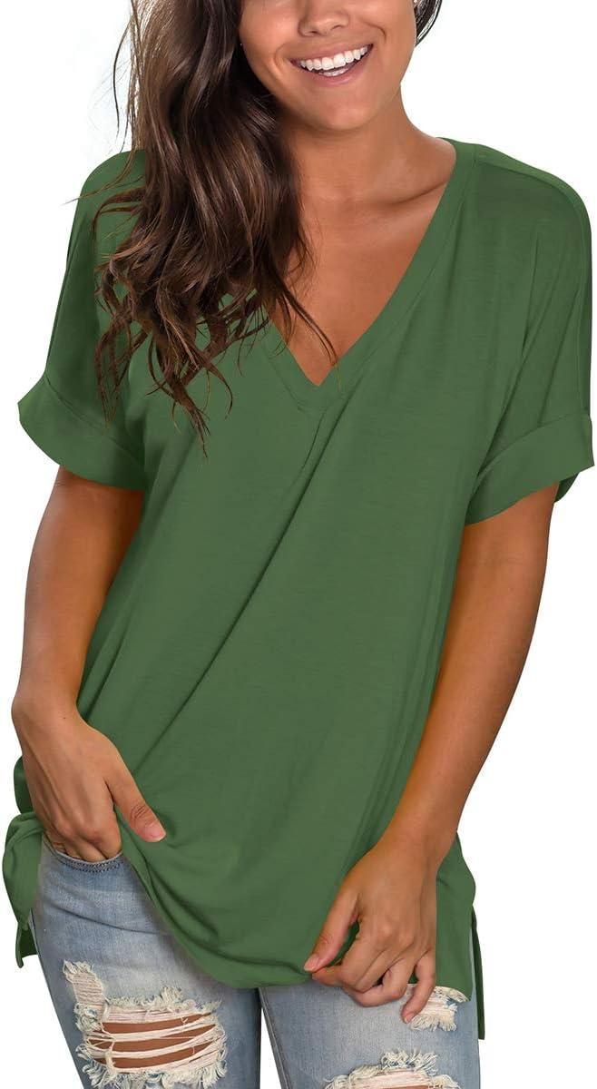 imageSAMPEEL Womens V Neck T Shirts Casual Rolled Short Sleeve Side Split Summer Tops Loose FitGreen