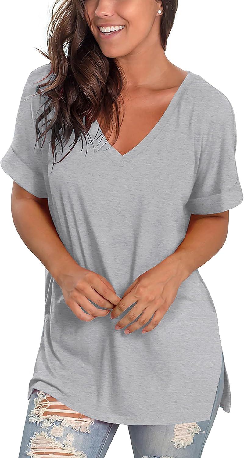 imageSAMPEEL Womens V Neck T Shirts Casual Rolled Short Sleeve Side Split Summer Tops Loose FitGrey
