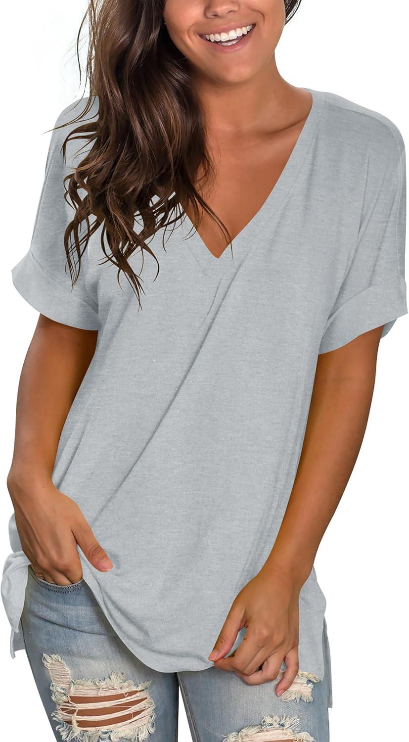 imageSAMPEEL Womens V Neck T Shirts Casual Rolled Short Sleeve Side Split Summer Tops Loose FitGrey