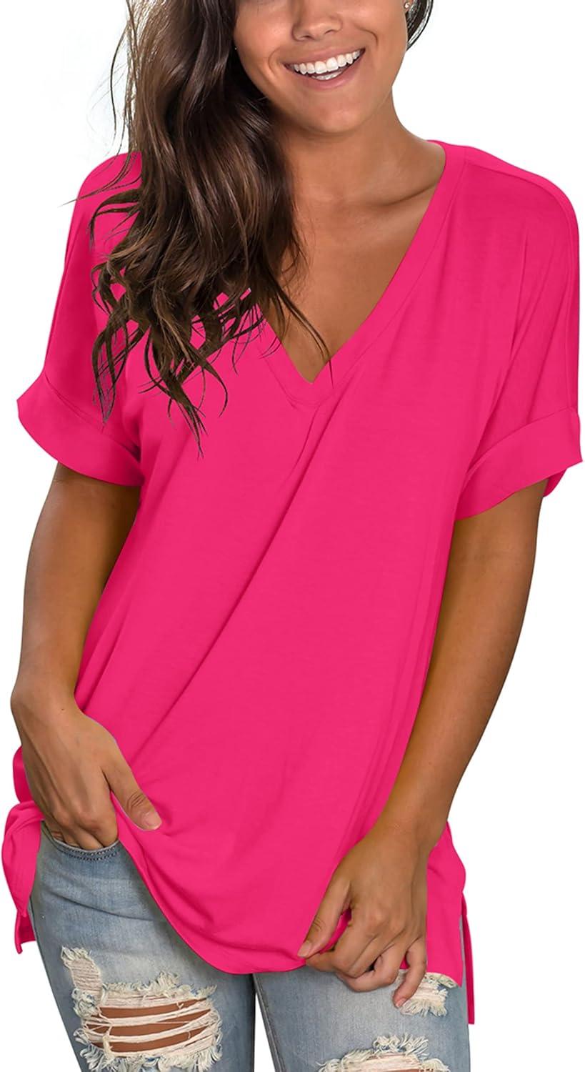 imageSAMPEEL Womens V Neck T Shirts Casual Rolled Short Sleeve Side Split Summer Tops Loose FitHot Pink
