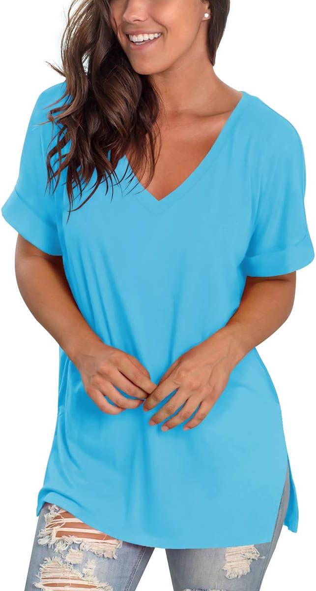 imageSAMPEEL Womens V Neck T Shirts Casual Rolled Short Sleeve Side Split Summer Tops Loose FitLakeblue