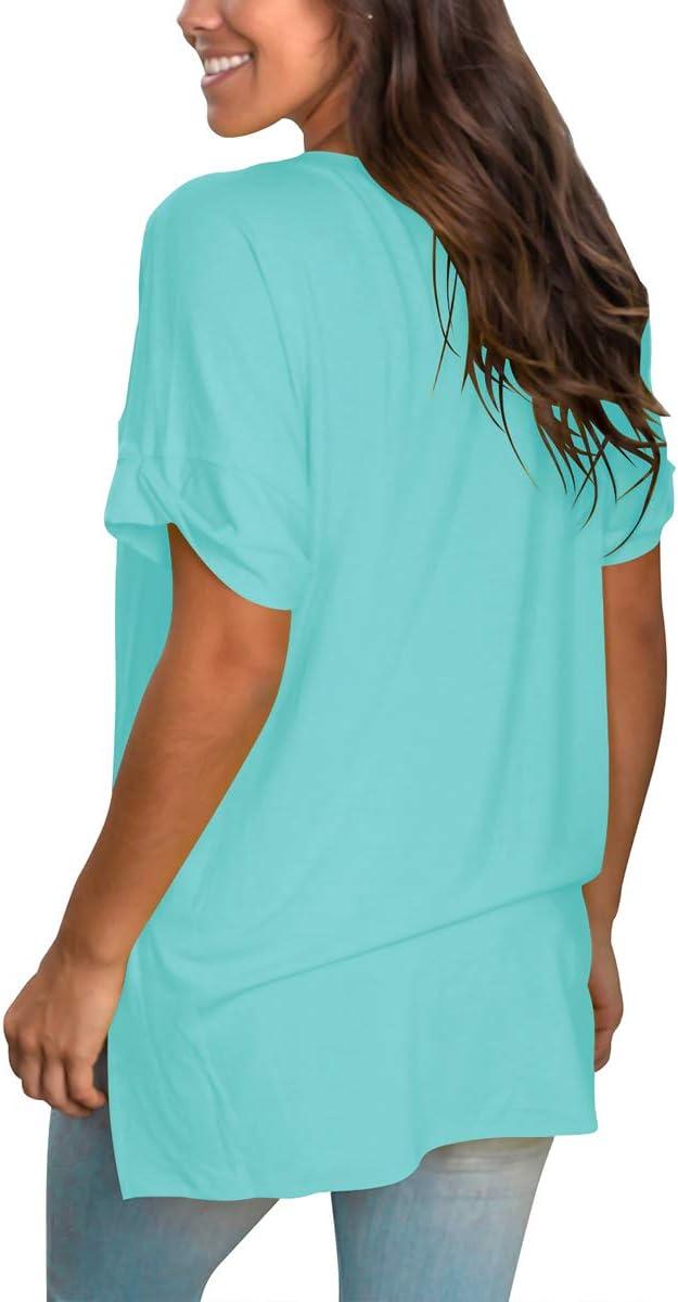 imageSAMPEEL Womens V Neck T Shirts Casual Rolled Short Sleeve Side Split Summer Tops Loose FitLakegreen