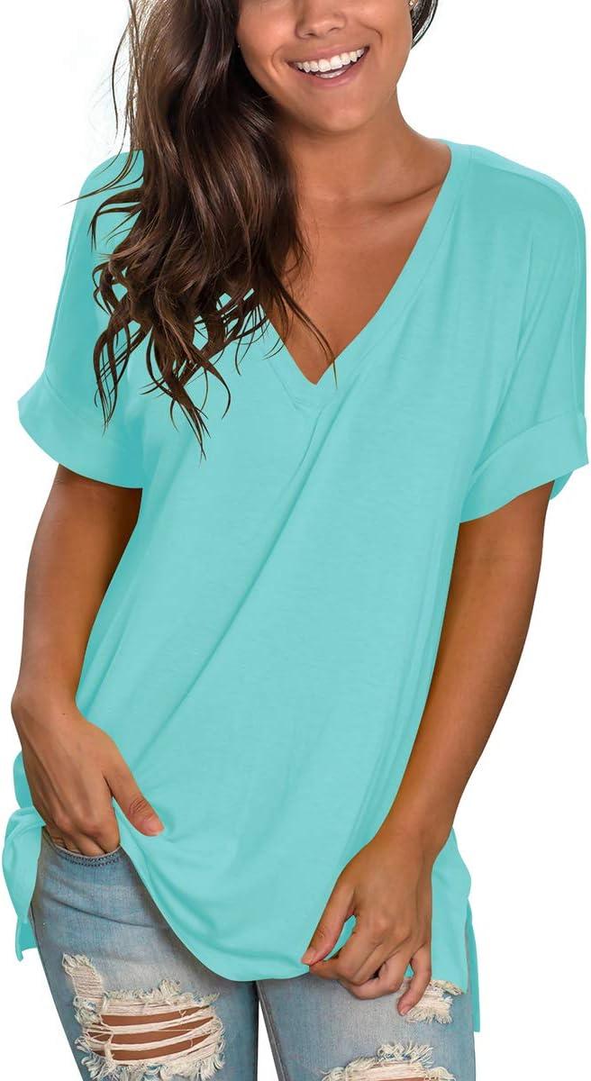 imageSAMPEEL Womens V Neck T Shirts Casual Rolled Short Sleeve Side Split Summer Tops Loose FitLakegreen