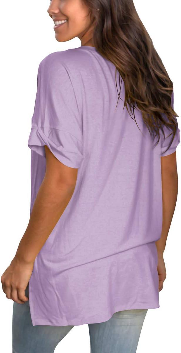 imageSAMPEEL Womens V Neck T Shirts Casual Rolled Short Sleeve Side Split Summer Tops Loose FitMauve