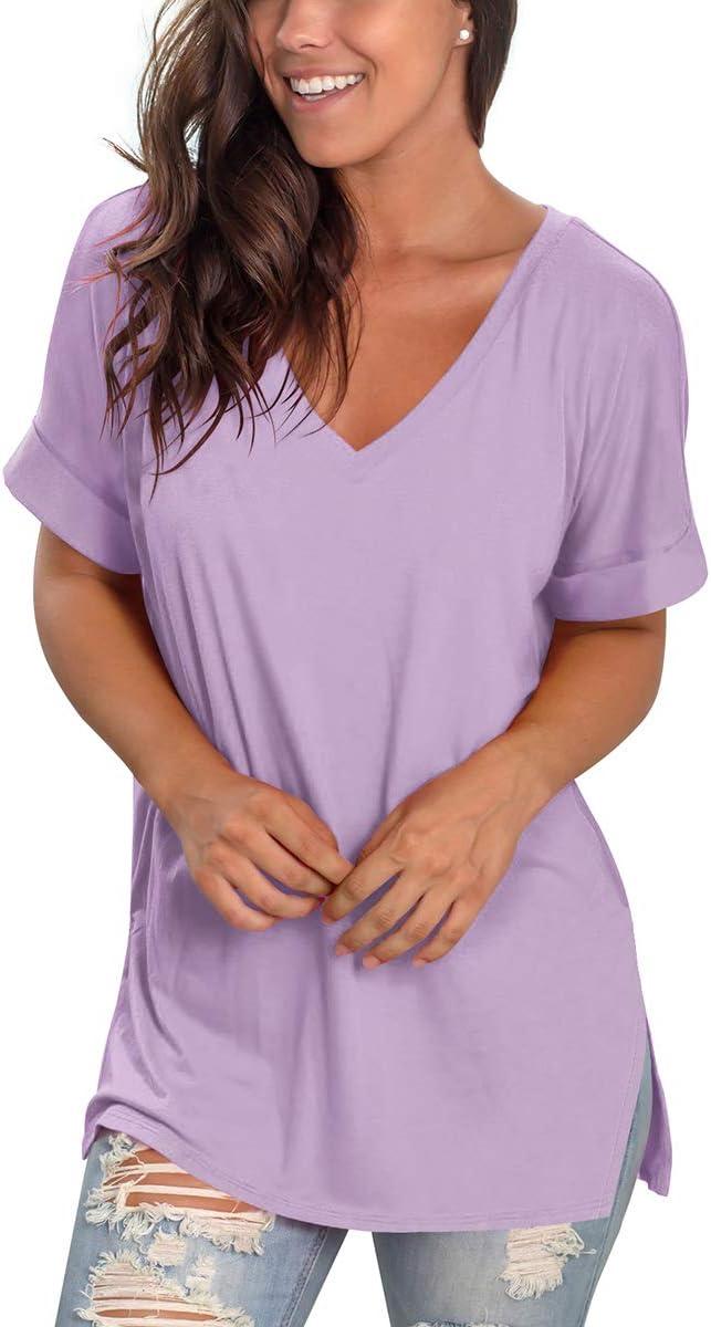 imageSAMPEEL Womens V Neck T Shirts Casual Rolled Short Sleeve Side Split Summer Tops Loose FitMauve