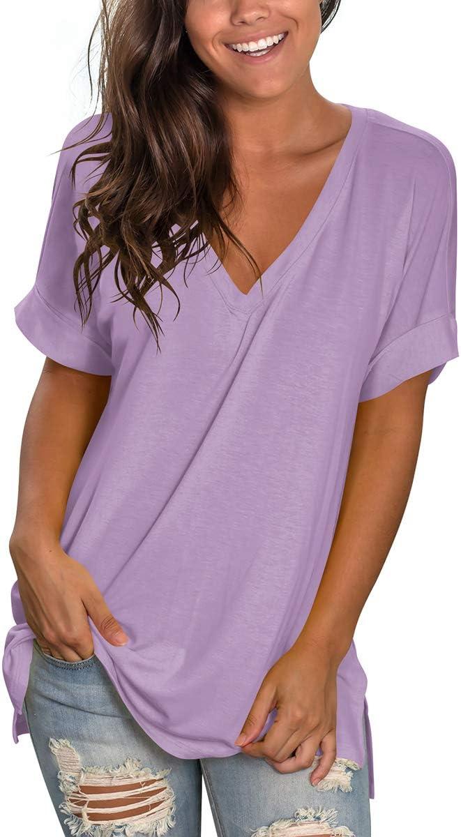 imageSAMPEEL Womens V Neck T Shirts Casual Rolled Short Sleeve Side Split Summer Tops Loose FitMauve