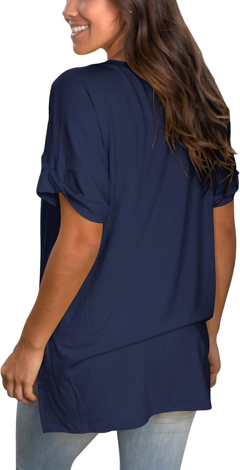 imageSAMPEEL Womens V Neck T Shirts Casual Rolled Short Sleeve Side Split Summer Tops Loose FitNavy Blue