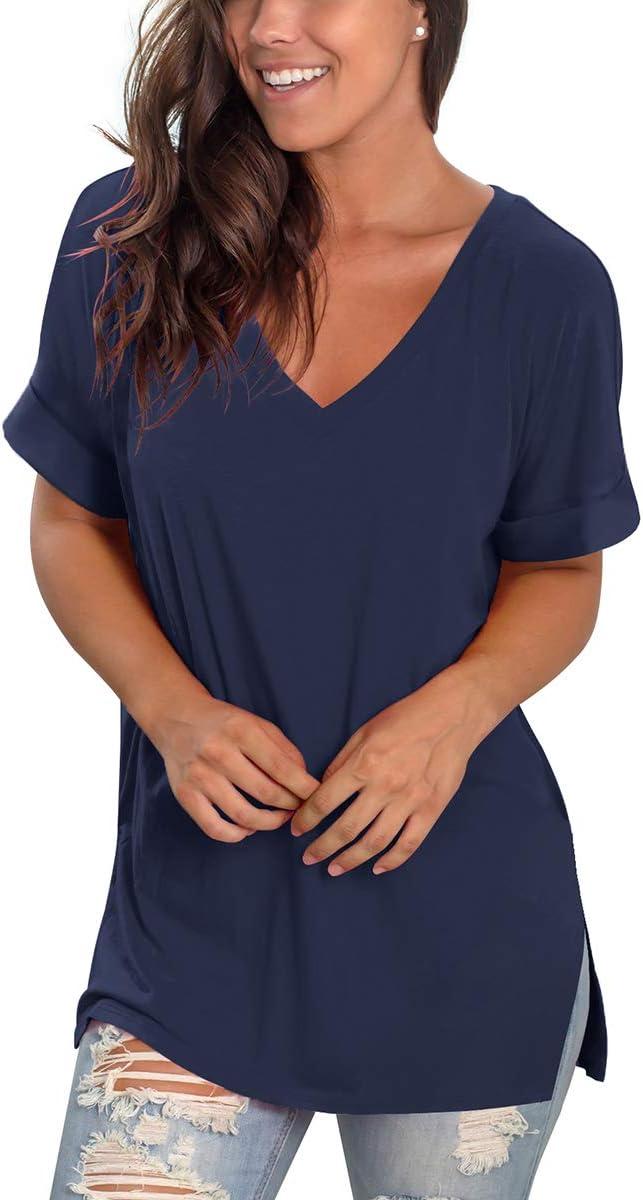 imageSAMPEEL Womens V Neck T Shirts Casual Rolled Short Sleeve Side Split Summer Tops Loose FitNavy Blue