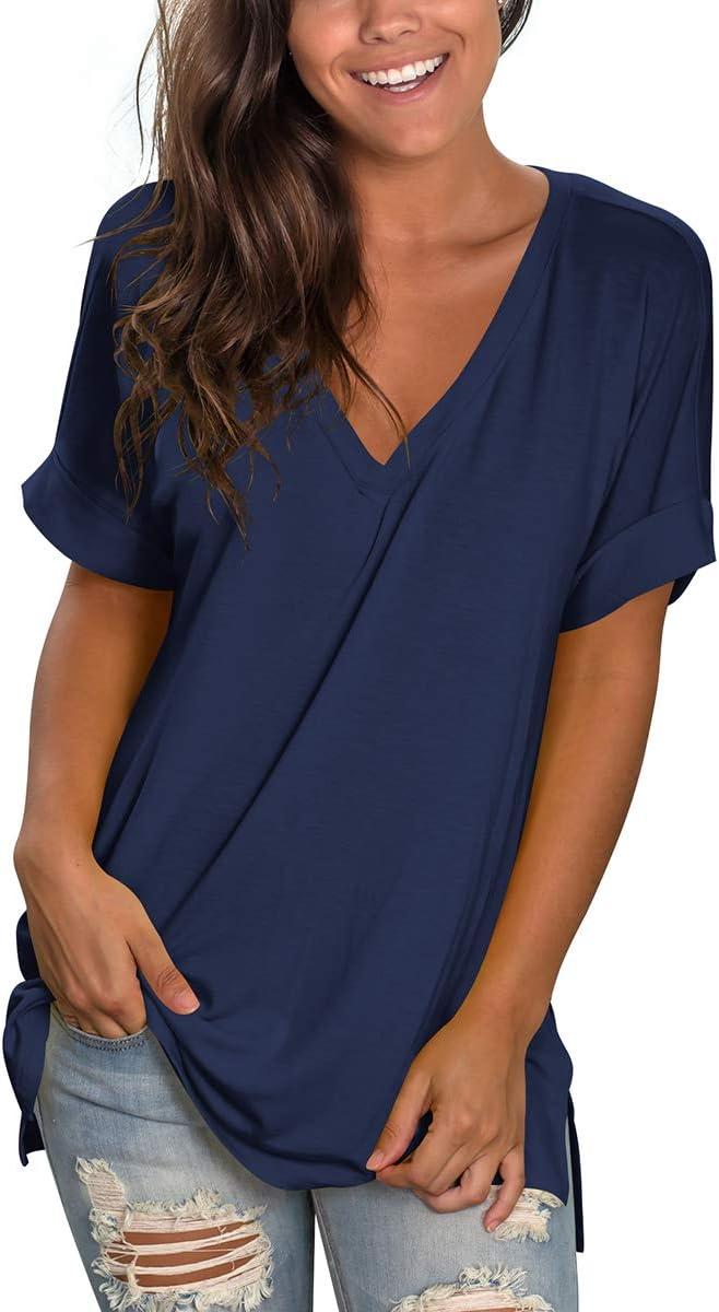 imageSAMPEEL Womens V Neck T Shirts Casual Rolled Short Sleeve Side Split Summer Tops Loose FitNavy Blue