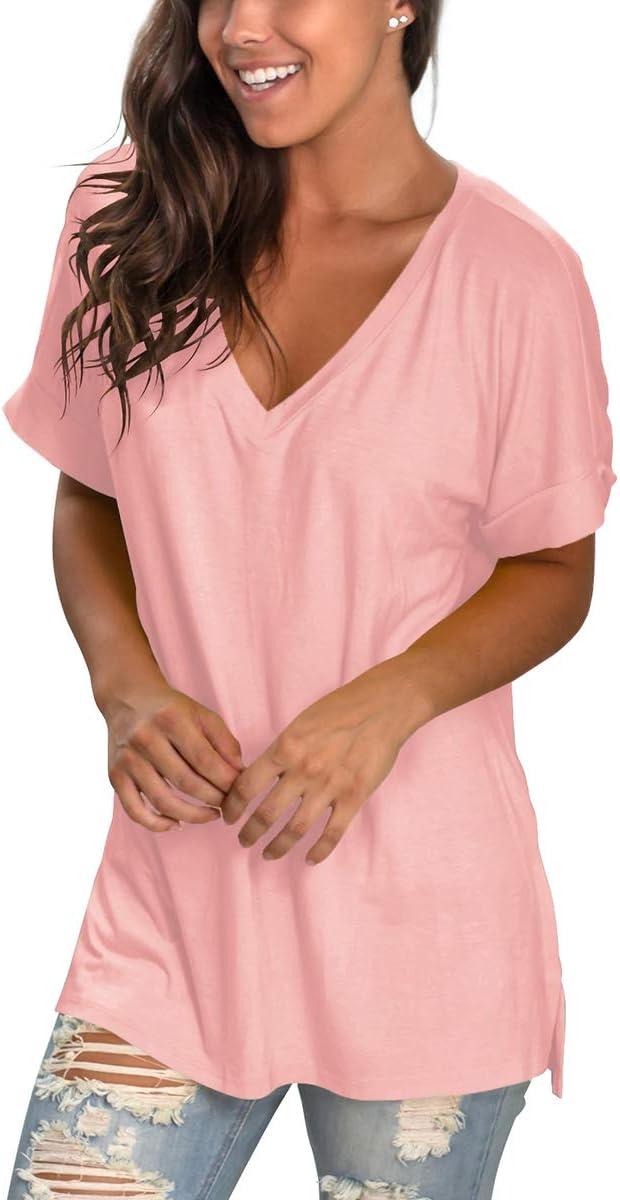 imageSAMPEEL Womens V Neck T Shirts Casual Rolled Short Sleeve Side Split Summer Tops Loose FitPink