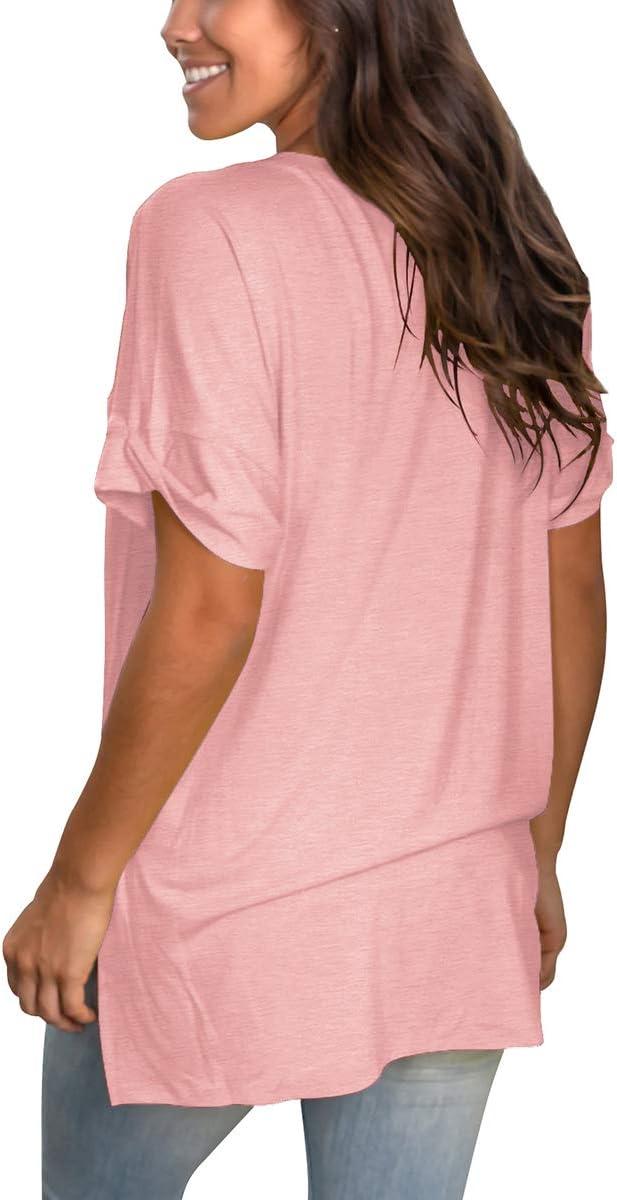 imageSAMPEEL Womens V Neck T Shirts Casual Rolled Short Sleeve Side Split Summer Tops Loose FitPink