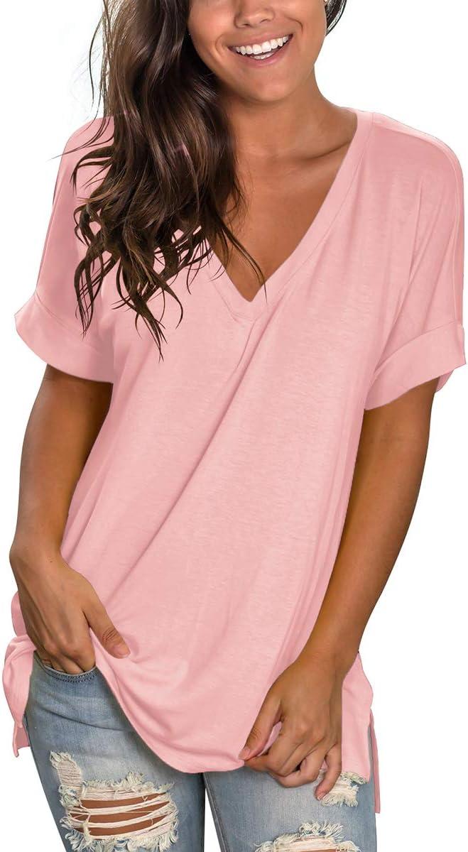 imageSAMPEEL Womens V Neck T Shirts Casual Rolled Short Sleeve Side Split Summer Tops Loose FitPink
