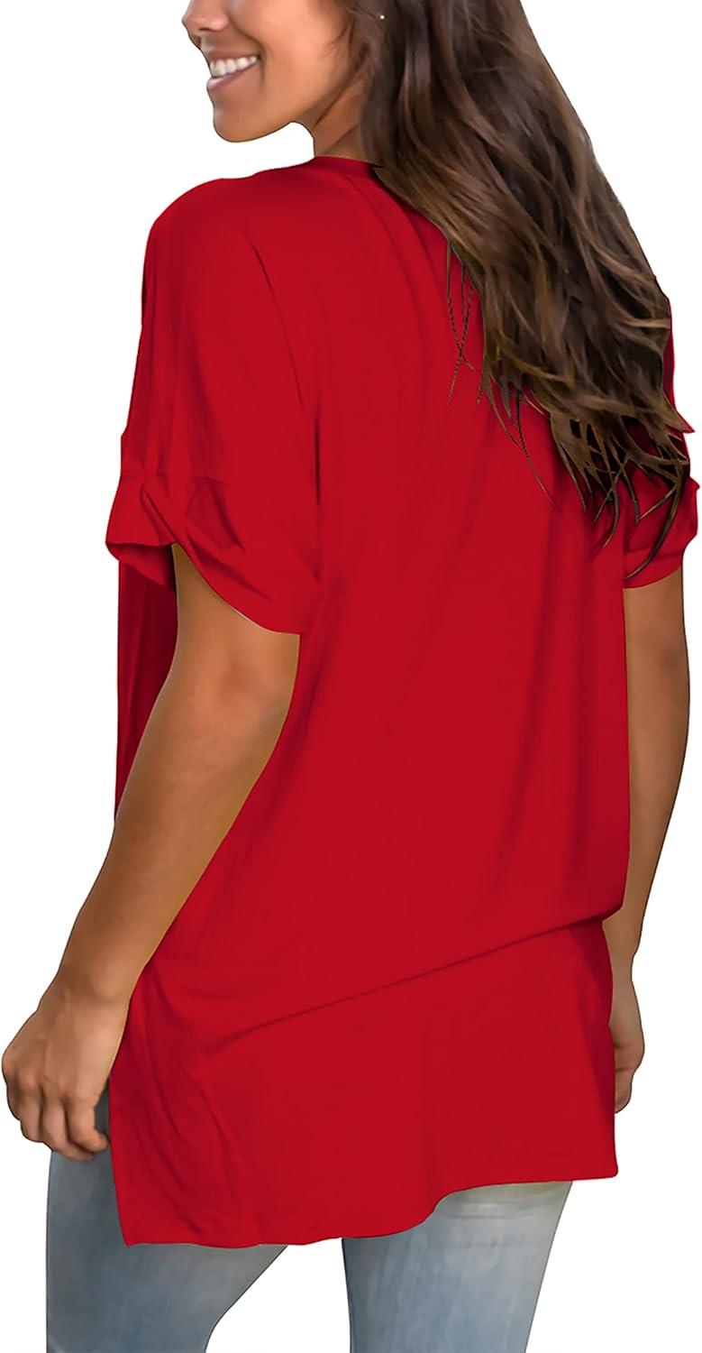 imageSAMPEEL Womens V Neck T Shirts Casual Rolled Short Sleeve Side Split Summer Tops Loose FitRed