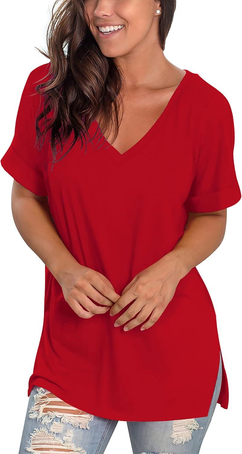imageSAMPEEL Womens V Neck T Shirts Casual Rolled Short Sleeve Side Split Summer Tops Loose FitRed