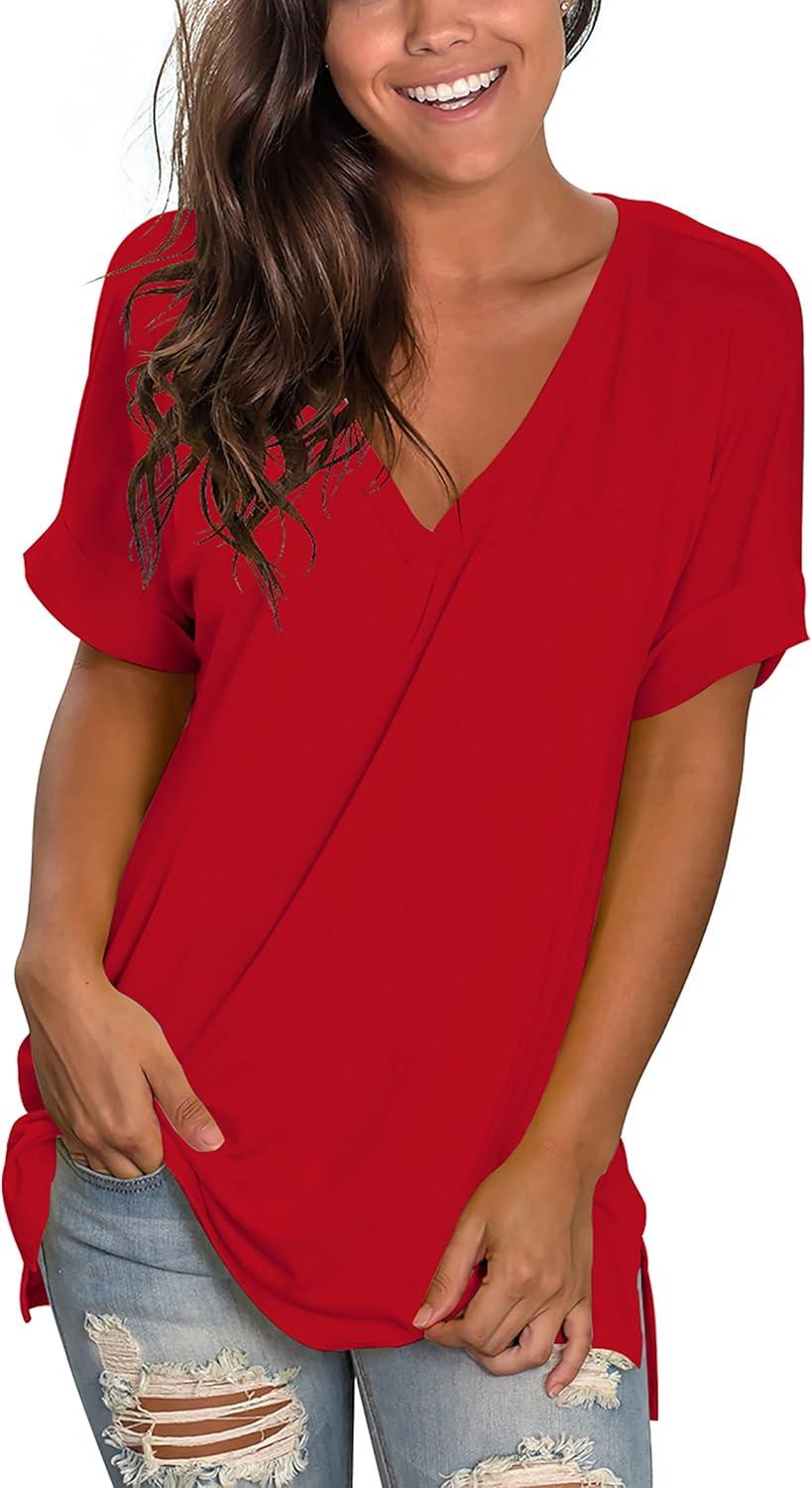 imageSAMPEEL Womens V Neck T Shirts Casual Rolled Short Sleeve Side Split Summer Tops Loose FitRed