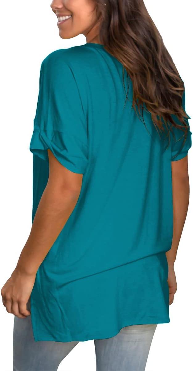 imageSAMPEEL Womens V Neck T Shirts Casual Rolled Short Sleeve Side Split Summer Tops Loose FitTurquoise