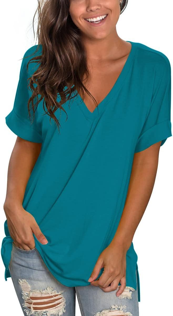imageSAMPEEL Womens V Neck T Shirts Casual Rolled Short Sleeve Side Split Summer Tops Loose FitTurquoise