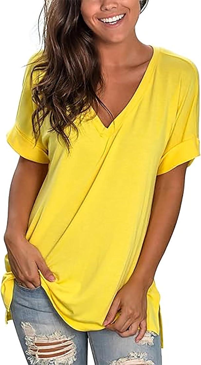 imageSAMPEEL Womens V Neck T Shirts Casual Rolled Short Sleeve Side Split Summer Tops Loose FitYellow