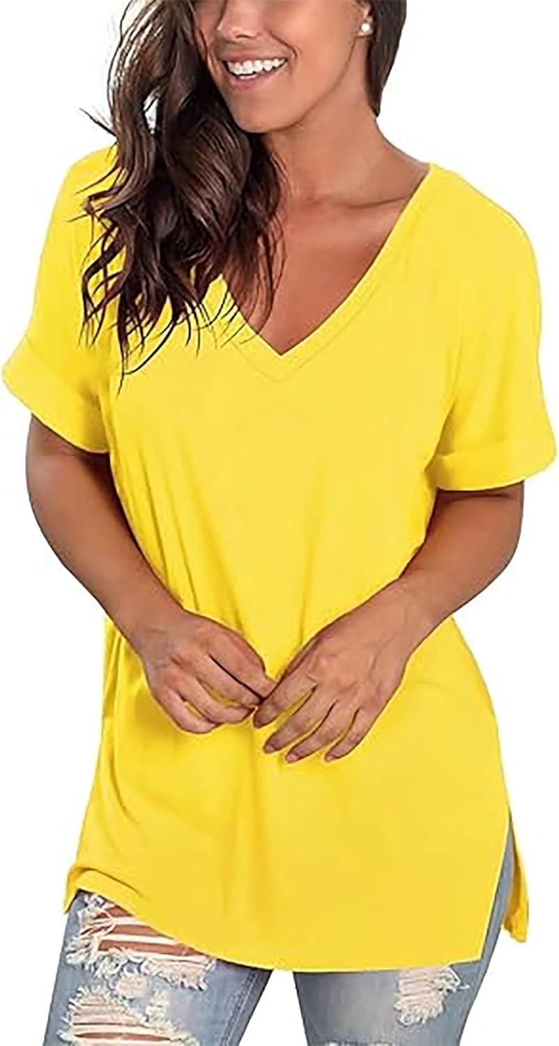 imageSAMPEEL Womens V Neck T Shirts Casual Rolled Short Sleeve Side Split Summer Tops Loose FitYellow