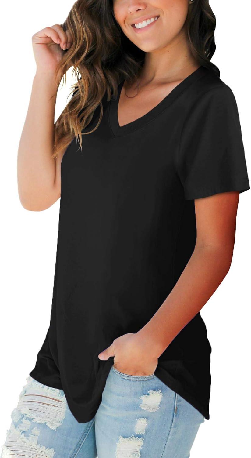 imageSAMPEEL Womens V Neck TShirts Casual Summer Loose Fit Short Sleeve Tops Basic TeesBlack