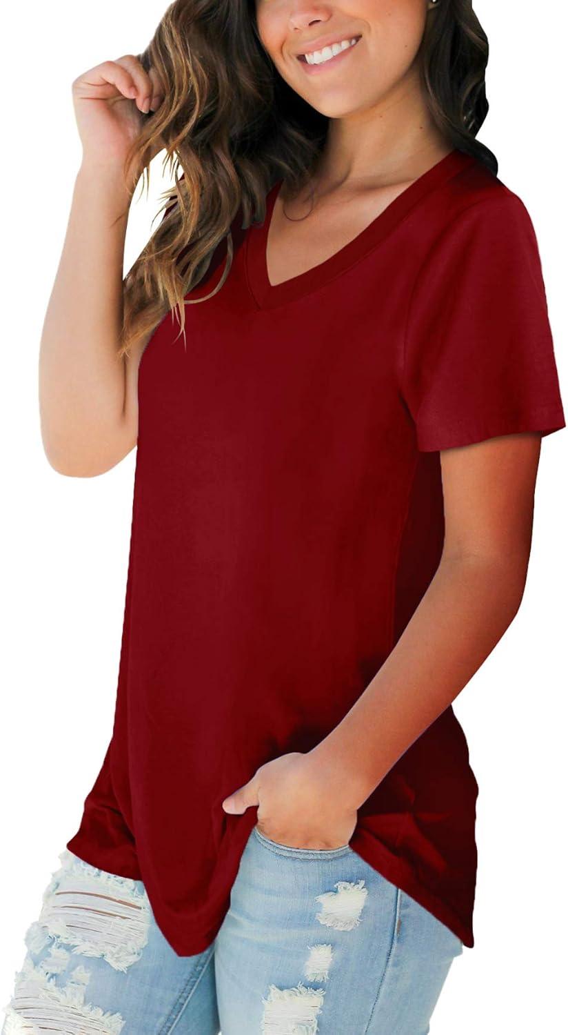 imageSAMPEEL Womens V Neck TShirts Casual Summer Loose Fit Short Sleeve Tops Basic TeesBurgundy