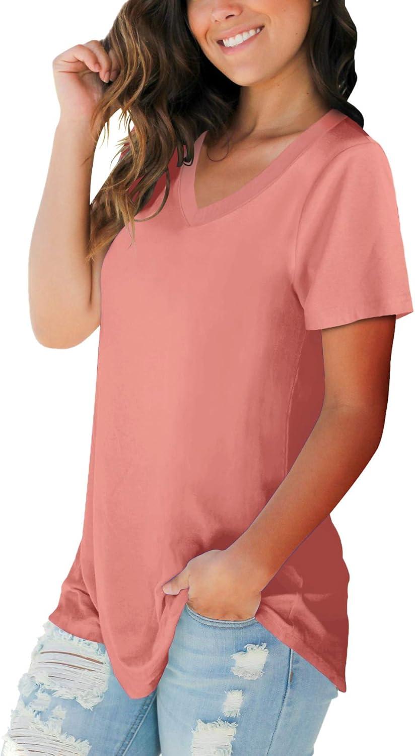 imageSAMPEEL Womens V Neck TShirts Casual Summer Loose Fit Short Sleeve Tops Basic TeesCoral