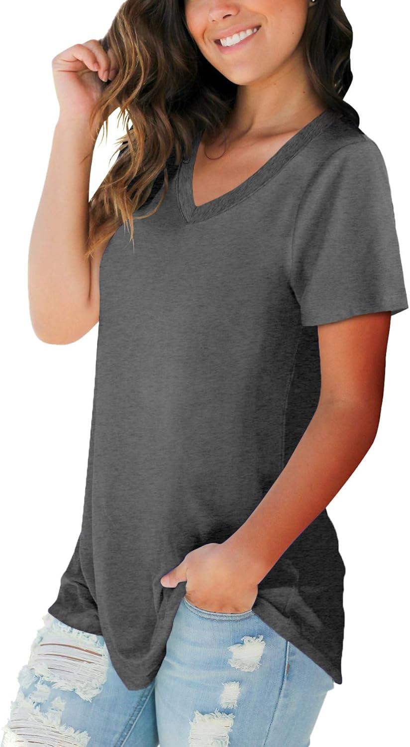 imageSAMPEEL Womens V Neck TShirts Casual Summer Loose Fit Short Sleeve Tops Basic TeesDeep Grey