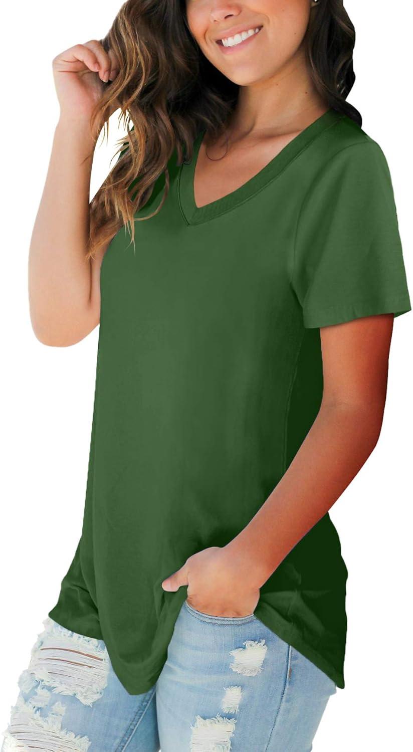 imageSAMPEEL Womens V Neck TShirts Casual Summer Loose Fit Short Sleeve Tops Basic TeesGreen