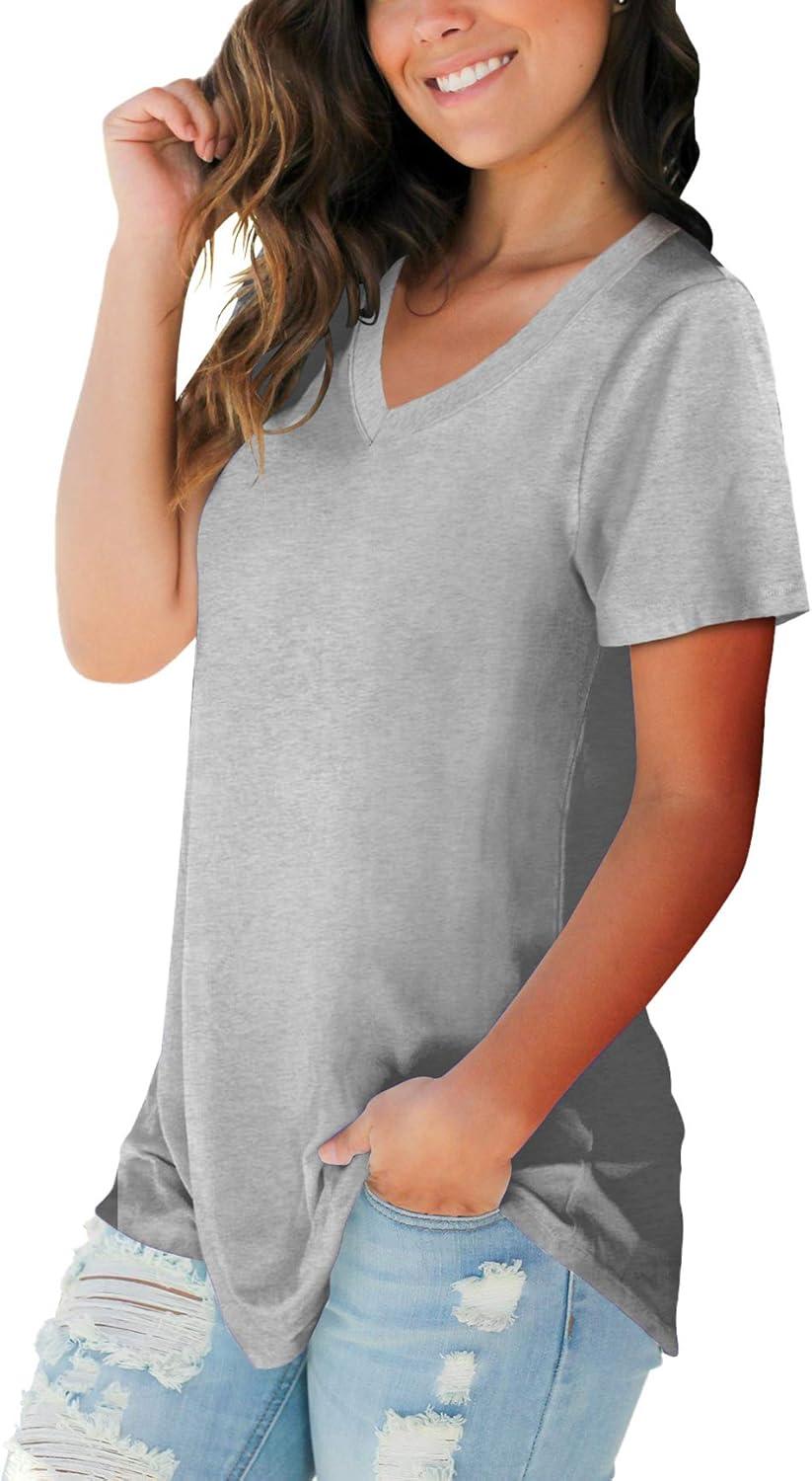 imageSAMPEEL Womens V Neck TShirts Casual Summer Loose Fit Short Sleeve Tops Basic TeesGrey