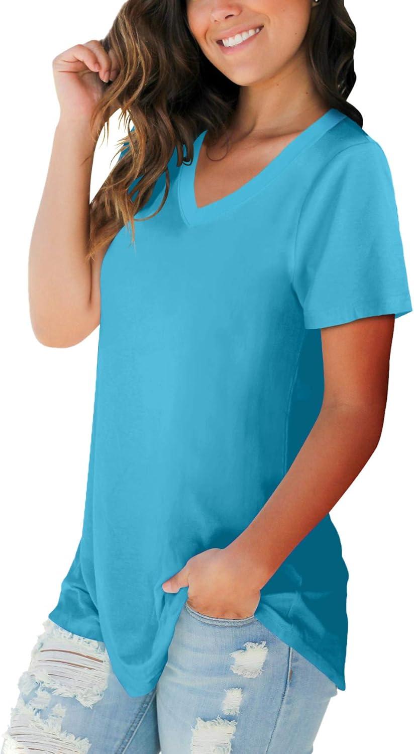 imageSAMPEEL Womens V Neck TShirts Casual Summer Loose Fit Short Sleeve Tops Basic TeesLakeblue