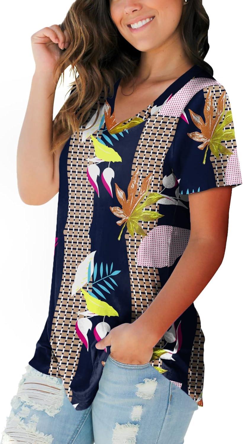 imageSAMPEEL Womens V Neck TShirts Casual Summer Loose Fit Short Sleeve Tops Basic TeesLeaf Blue