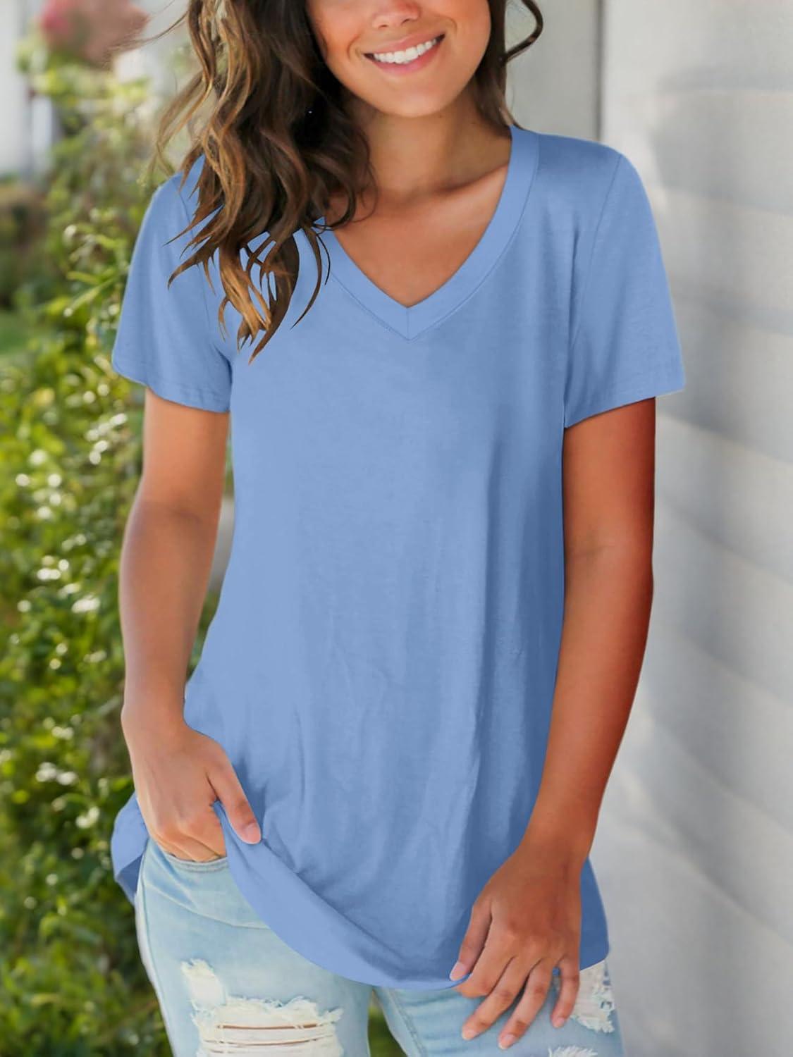 imageSAMPEEL Womens V Neck TShirts Casual Summer Loose Fit Short Sleeve Tops Basic TeesLight Blue