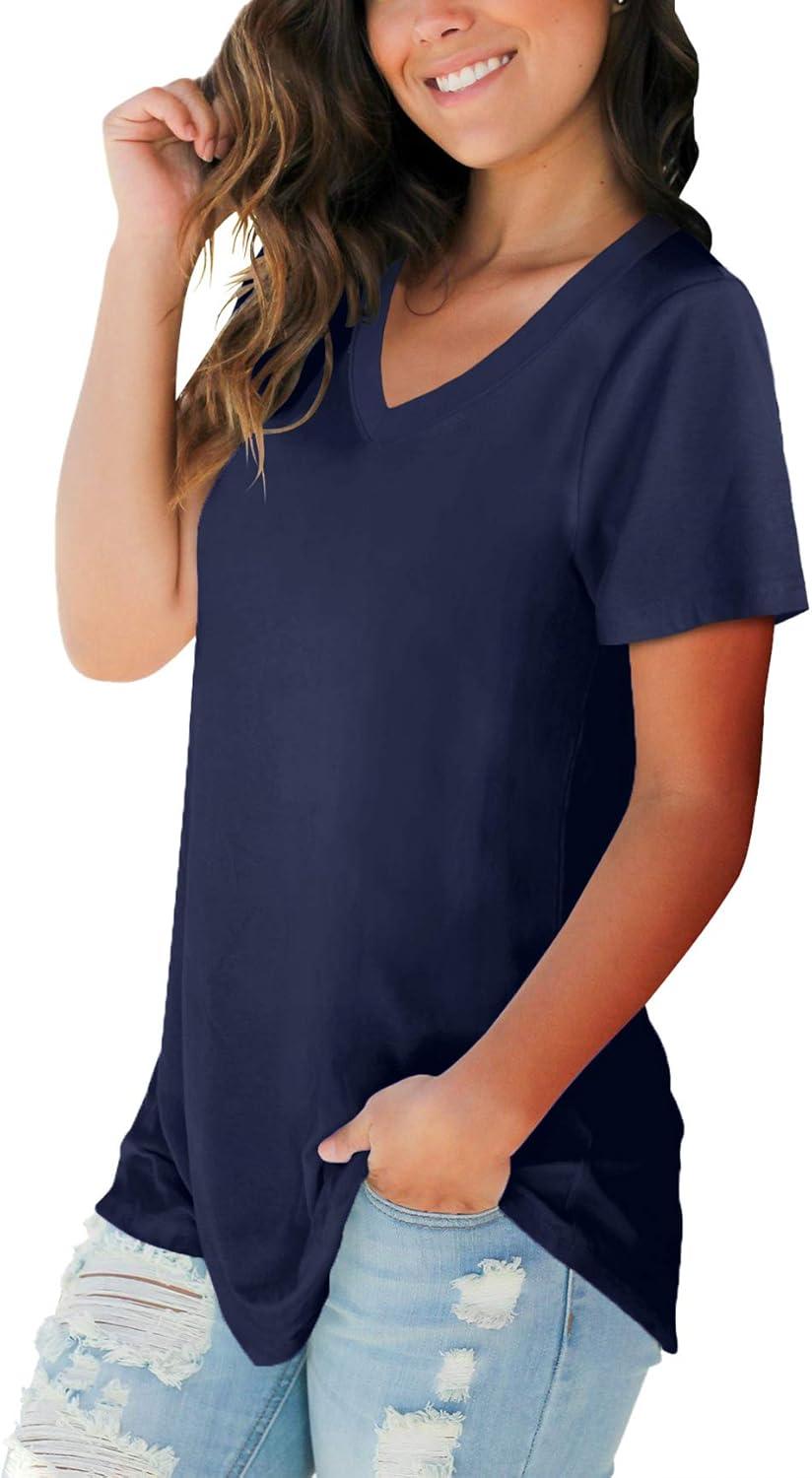 imageSAMPEEL Womens V Neck TShirts Casual Summer Loose Fit Short Sleeve Tops Basic TeesNavyblue