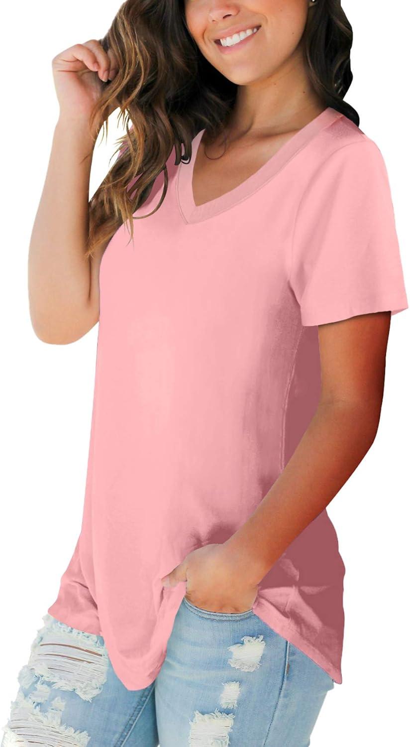 imageSAMPEEL Womens V Neck TShirts Casual Summer Loose Fit Short Sleeve Tops Basic TeesPink