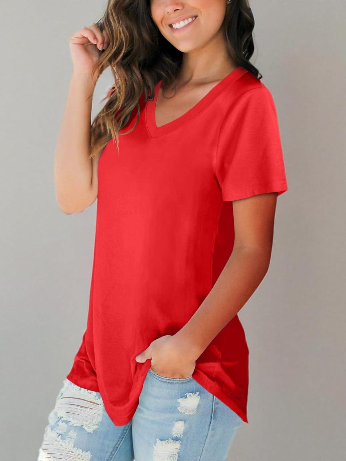 imageSAMPEEL Womens V Neck TShirts Casual Summer Loose Fit Short Sleeve Tops Basic TeesRed