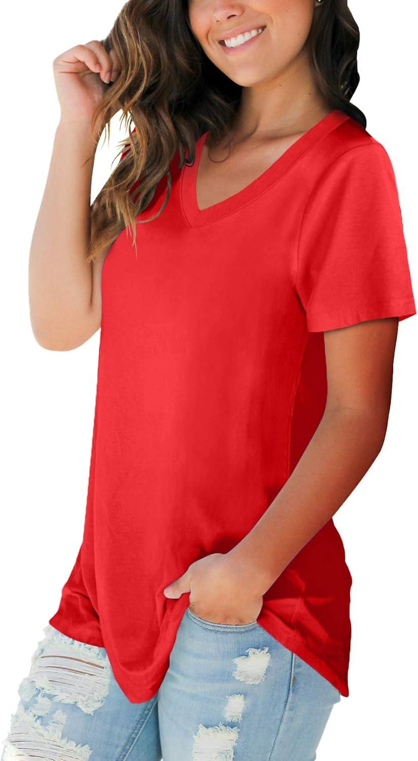 imageSAMPEEL Womens V Neck TShirts Casual Summer Loose Fit Short Sleeve Tops Basic TeesRed