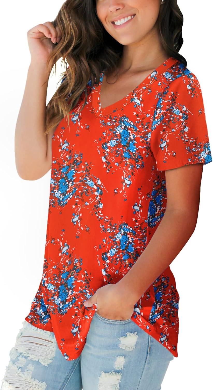 imageSAMPEEL Womens V Neck TShirts Casual Summer Loose Fit Short Sleeve Tops Basic TeesRed Floral