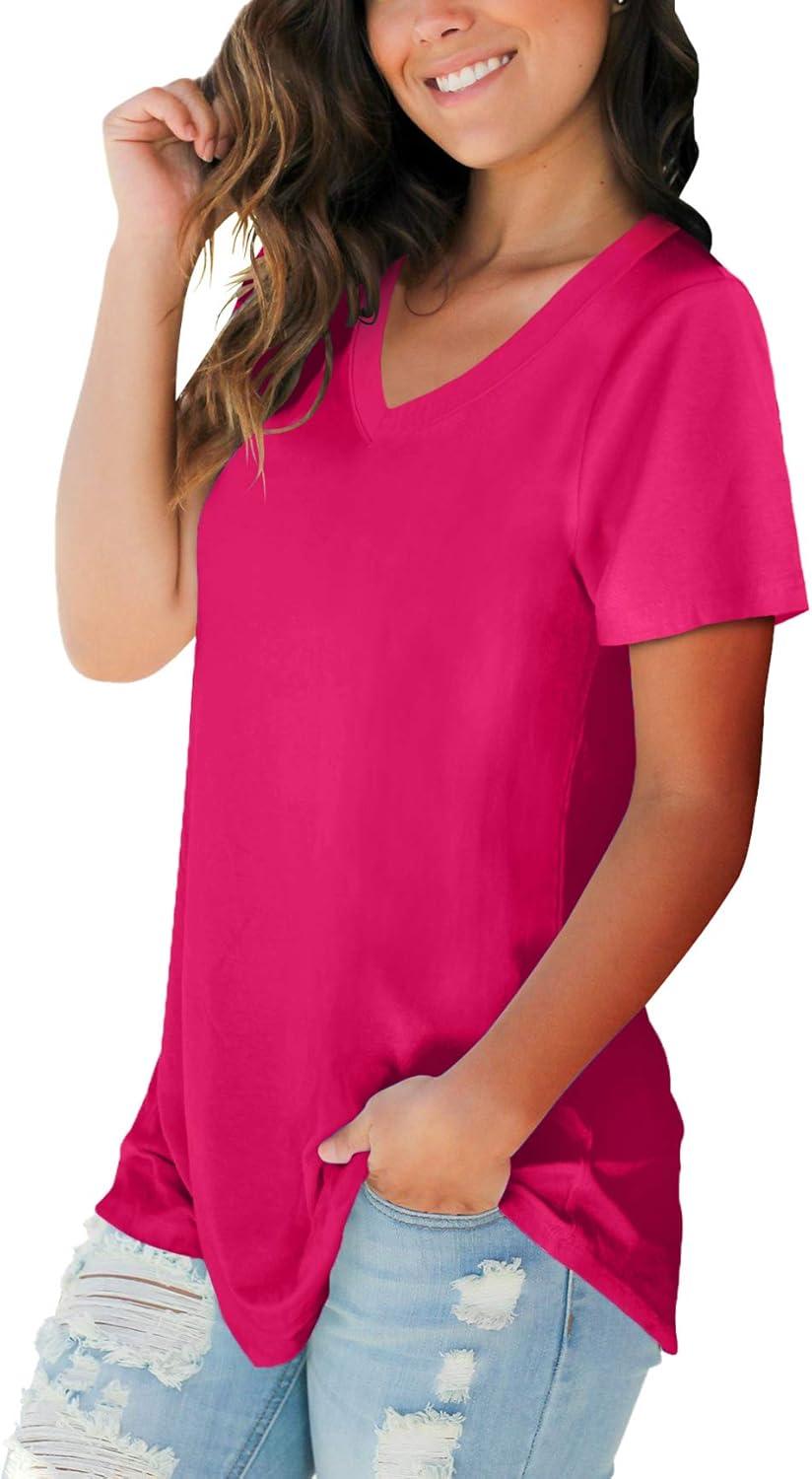 imageSAMPEEL Womens V Neck TShirts Casual Summer Loose Fit Short Sleeve Tops Basic TeesRose Red