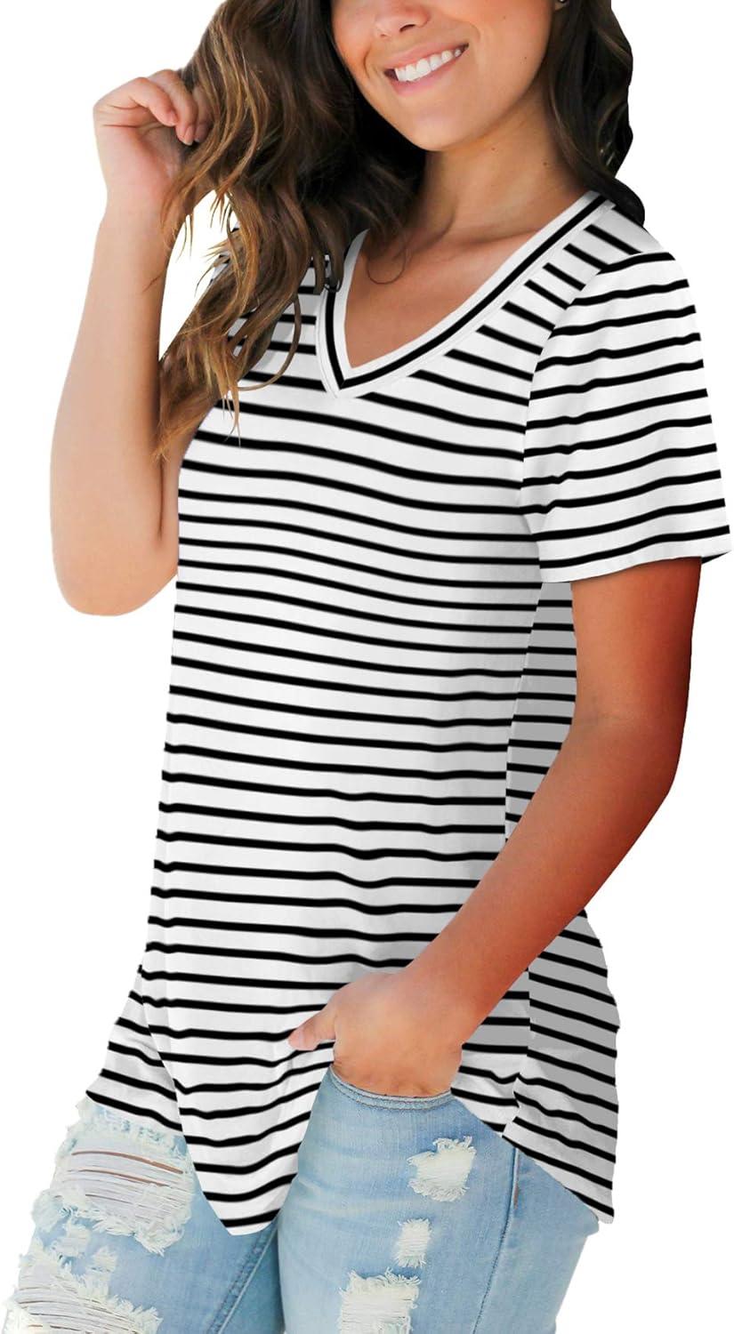 imageSAMPEEL Womens V Neck TShirts Casual Summer Loose Fit Short Sleeve Tops Basic TeesStripe Black