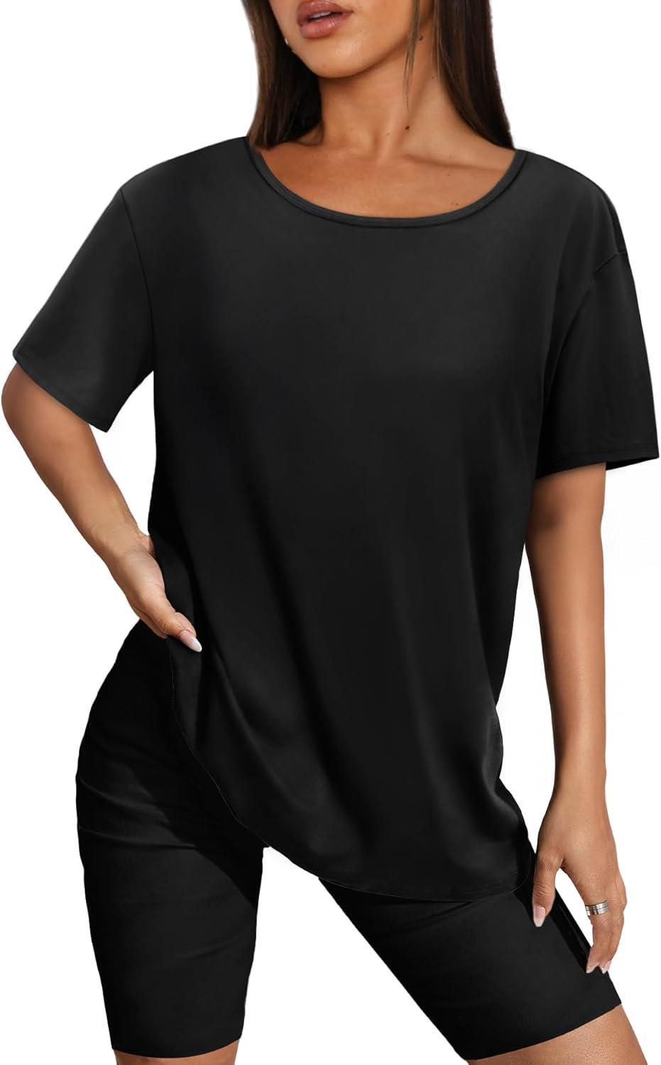 imageSAMPEEL Womens Workout Tops Oversized T Shirts Loose Fit Crewneck Short Sleeve Summer Sun Protection UPF 50All Black