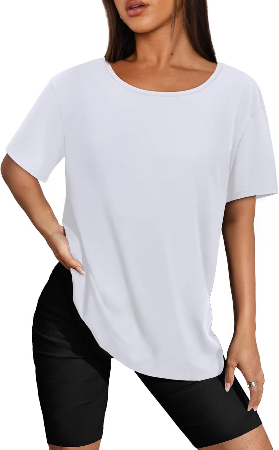 imageSAMPEEL Womens Workout Tops Oversized T Shirts Loose Fit Crewneck Short Sleeve Summer Sun Protection UPF 50All White