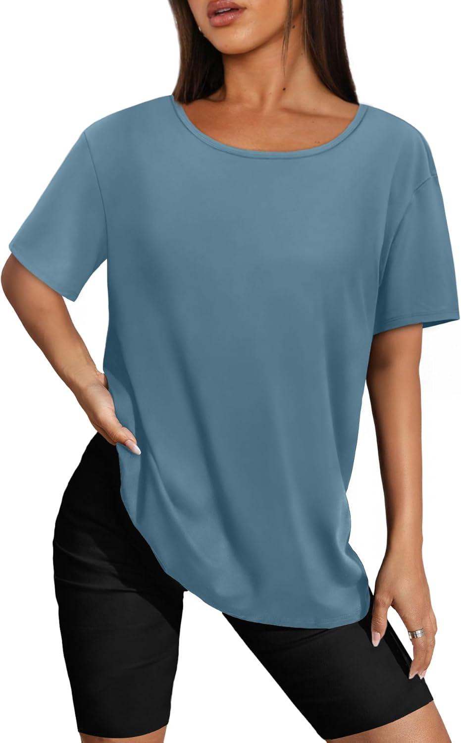 imageSAMPEEL Womens Workout Tops Oversized T Shirts Loose Fit Crewneck Short Sleeve Summer Sun Protection UPF 50Blue