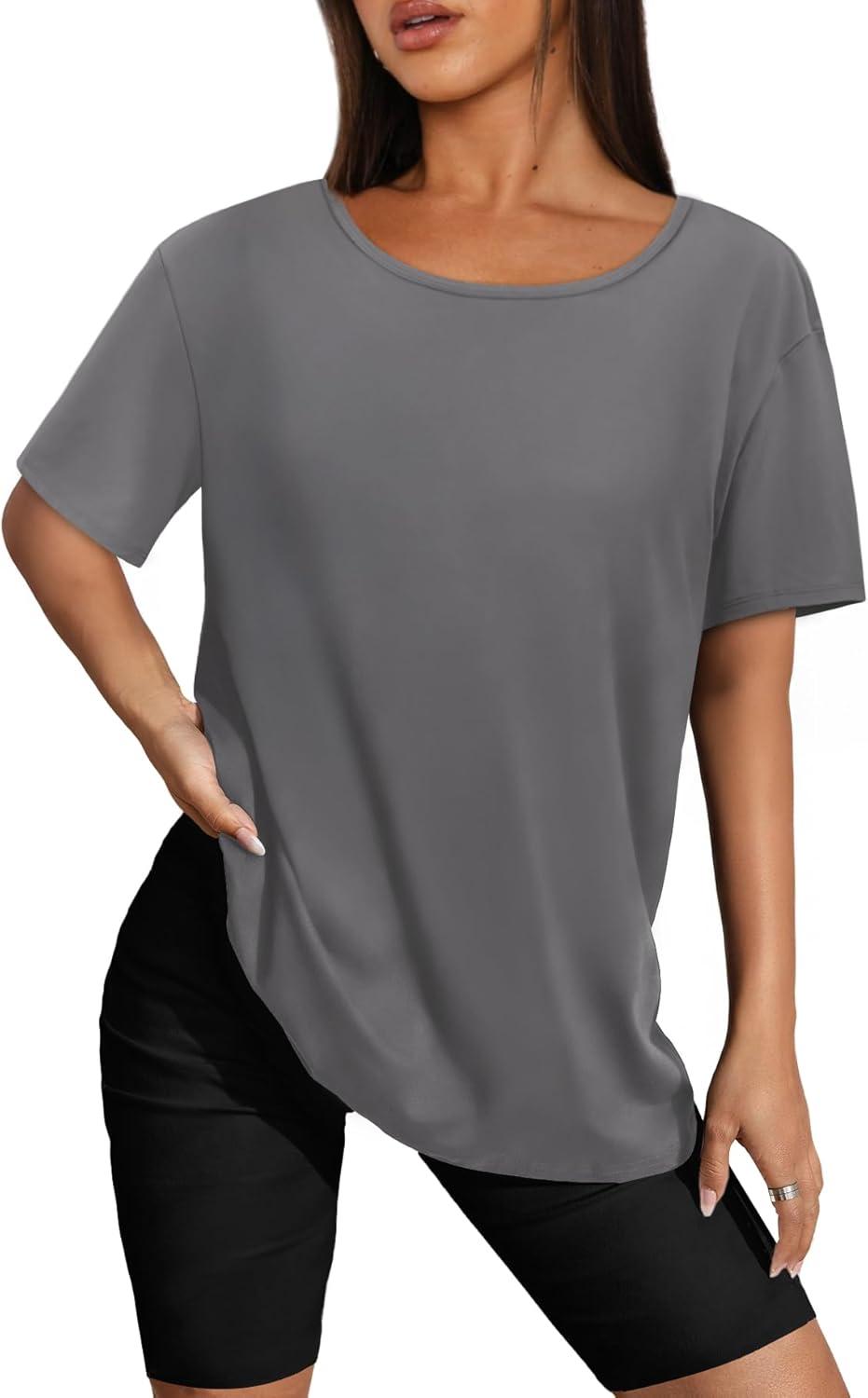 imageSAMPEEL Womens Workout Tops Oversized T Shirts Loose Fit Crewneck Short Sleeve Summer Sun Protection UPF 50Gray