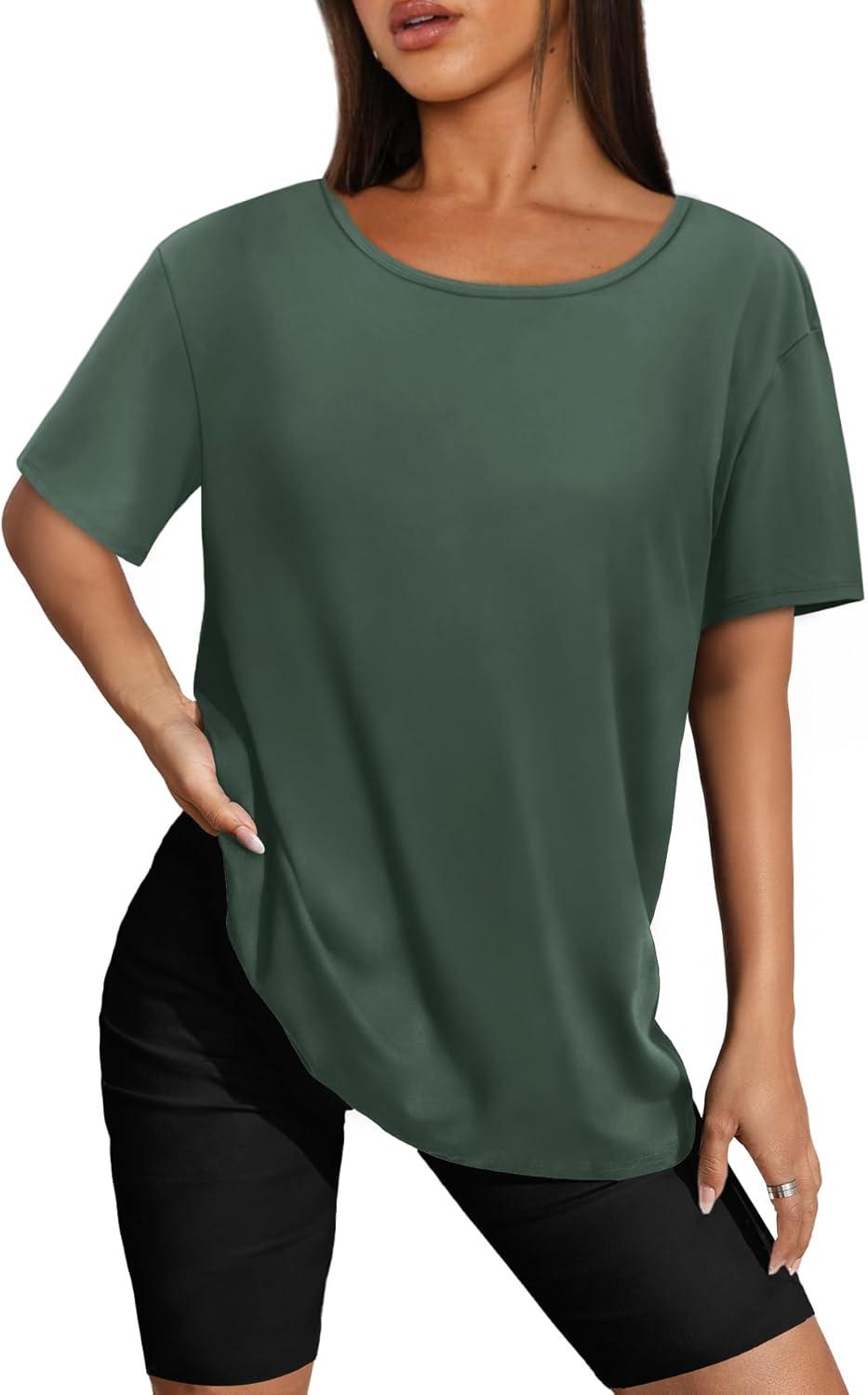 imageSAMPEEL Womens Workout Tops Oversized T Shirts Loose Fit Crewneck Short Sleeve Summer Sun Protection UPF 50Green