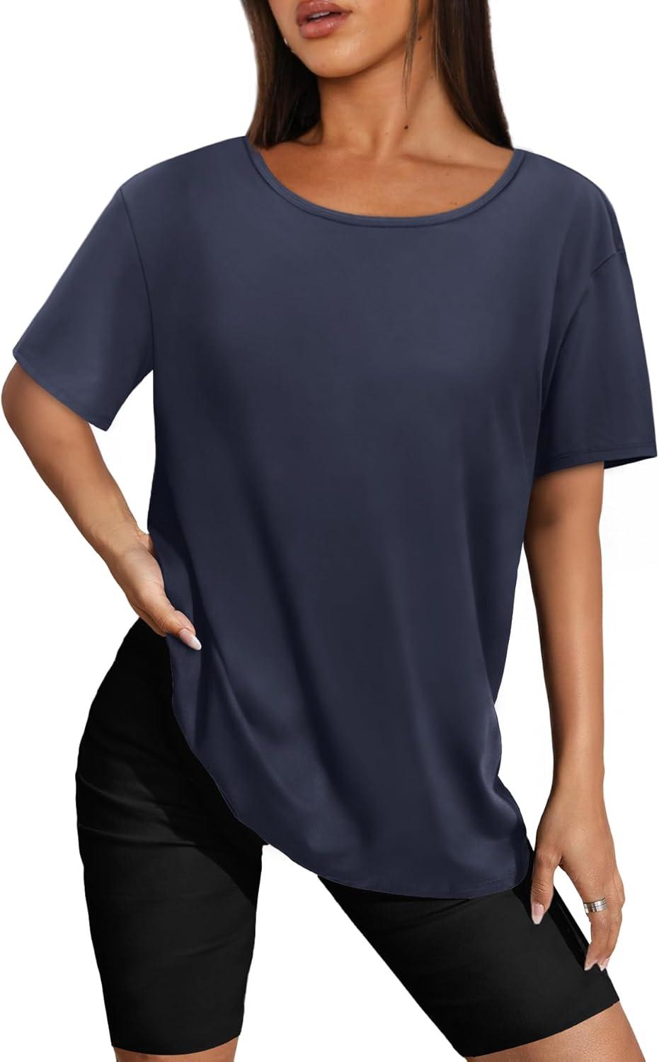 imageSAMPEEL Womens Workout Tops Oversized T Shirts Loose Fit Crewneck Short Sleeve Summer Sun Protection UPF 50Navy Blue